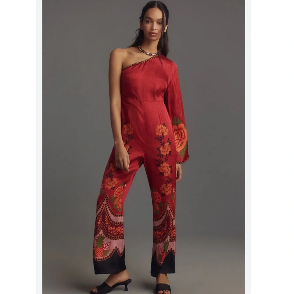 FARM RIO X ANTHROPOLOGIE ONE-SHOULDER PRINTED SATIN JUMPSUIT - Picture 2 of 14